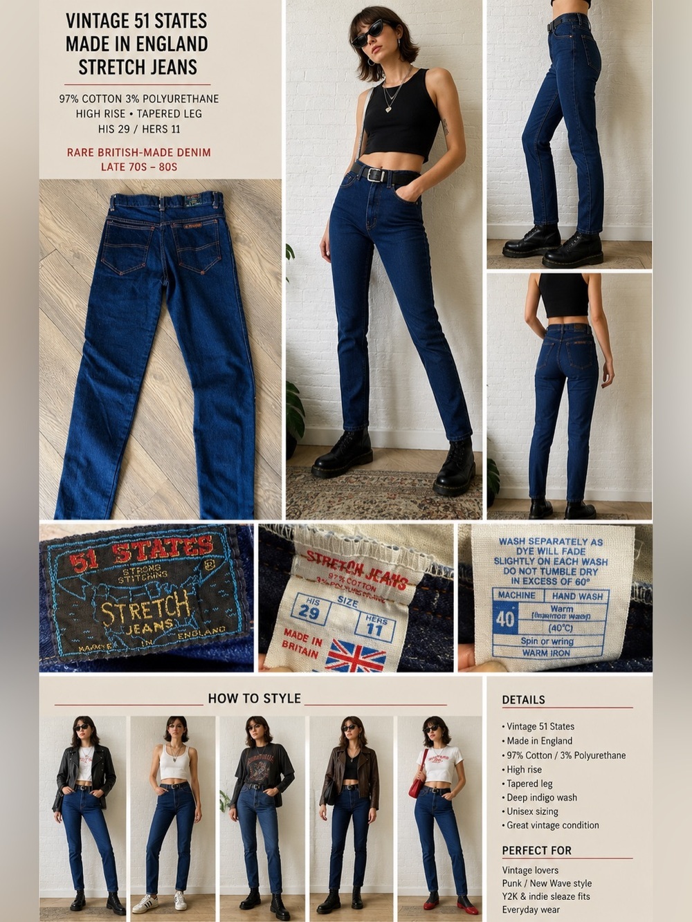 Vintage 51 States Made in England Stretch Jeans High Rise Tapered Dark Wash 29